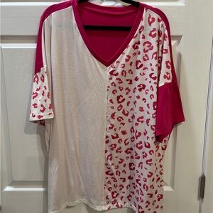 Pink and White Leopard Print V-Neck Top